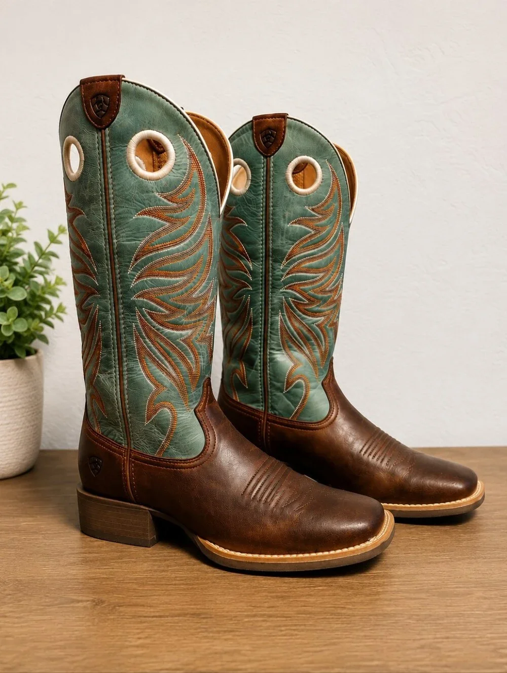 Ariat Round Up Rider Western Cowboy Boots Brown & Teal Leather Embroidered Women - Picture 1 of 9